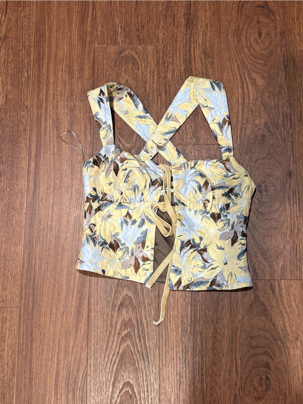 Reformation Tie Front Yellow Floral Cropped Camisole with Blue and Brown Leaves